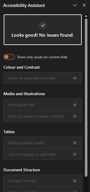 The Accessibility Assistant, showing a result with no issues found. 