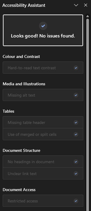 The accessibility assistant pane, showing no issues found. 