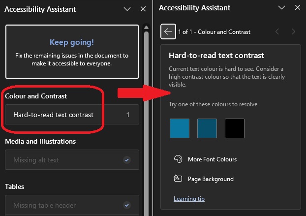 The Accessibility Assistant, with 1 colour contrast issue, and the pane where options are given to fix the issue.