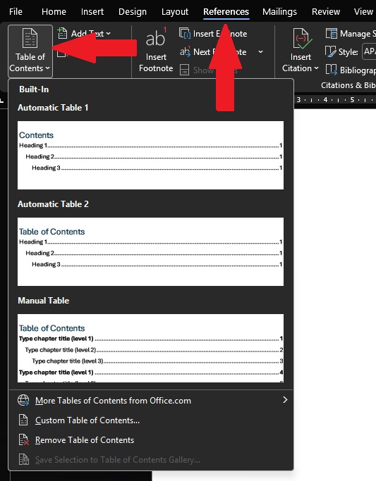 The Table of Contents selection pane, found under the References tab.