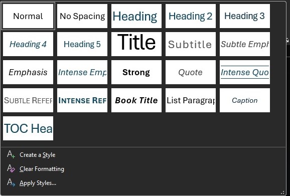 The Heading Styles selection menu, open to show all options.