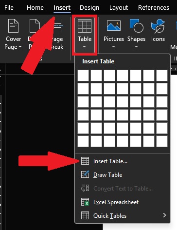 The Insert Table option selector, found under the Insert tab. 