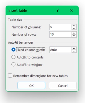 The Insert Table creation pane, including column and row numbers.