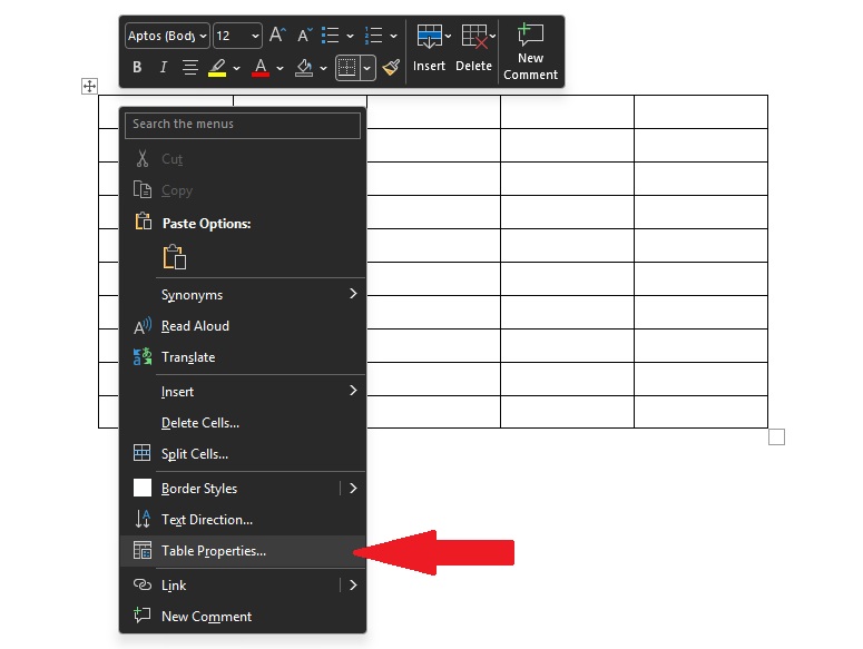 The table format editing options menu, with Table Properties highlighted. 