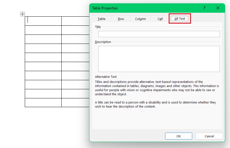 The Table Properties pane, open to the Alt Text tab, where alt text should be added. 