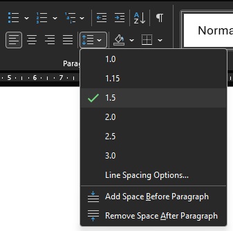 The line spacing option menu open from the paragraph formatting section.